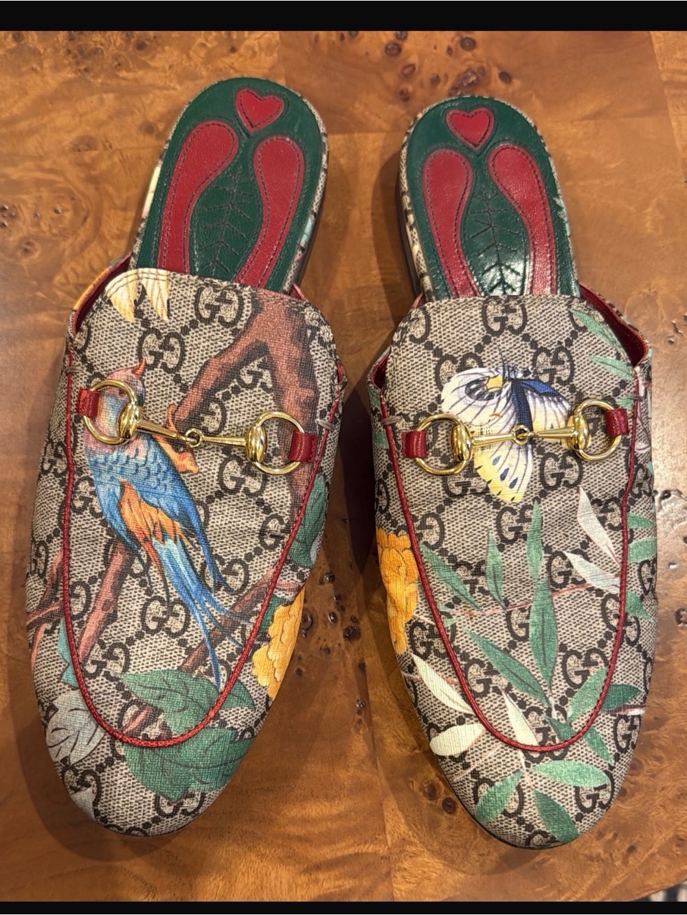 Gucci GG Blooms Parrot & Butterfly Horsebit Mules in Multicolor